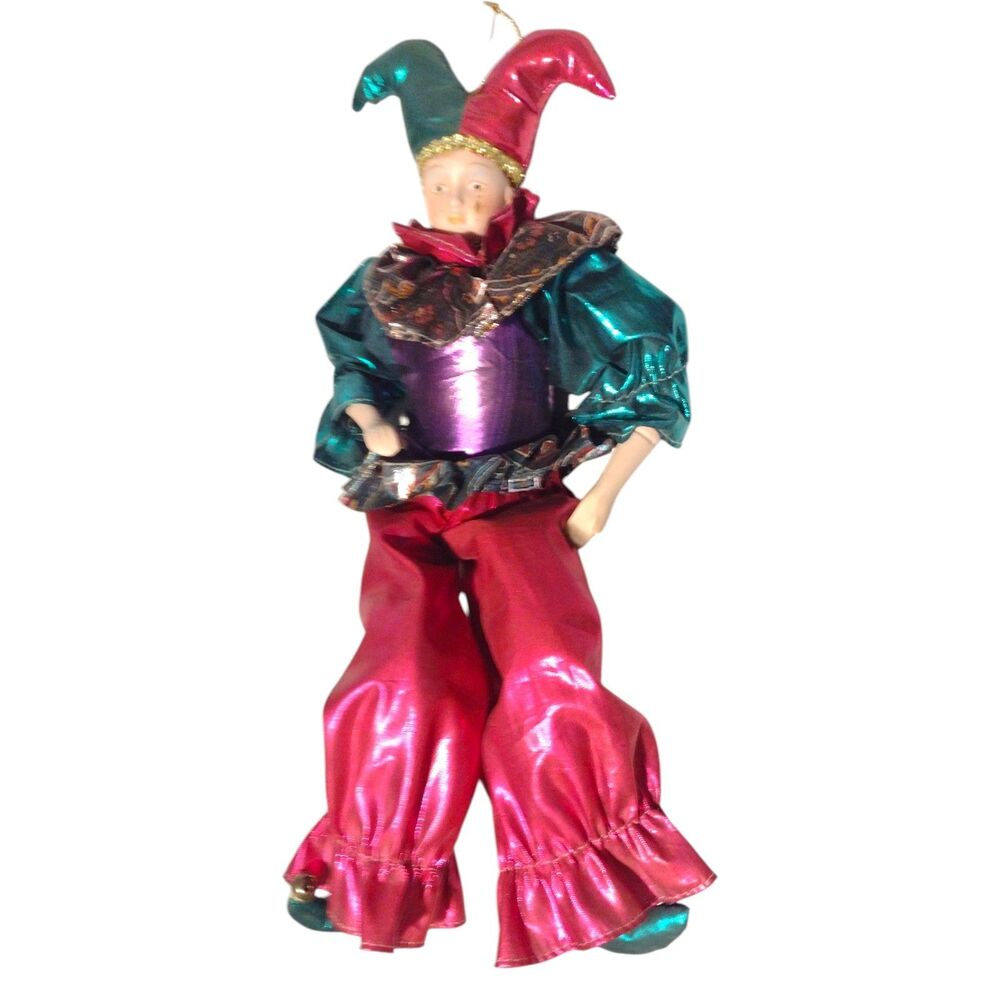 Harlequin Jester Clown Doll Ornament Large 16" Hand Painted Bendable Gift Vtg